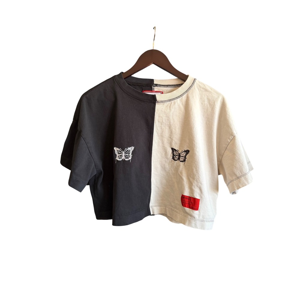 CHNGE Split Butterfly Crop Top Organic Cotton Black White Two Tone Medium